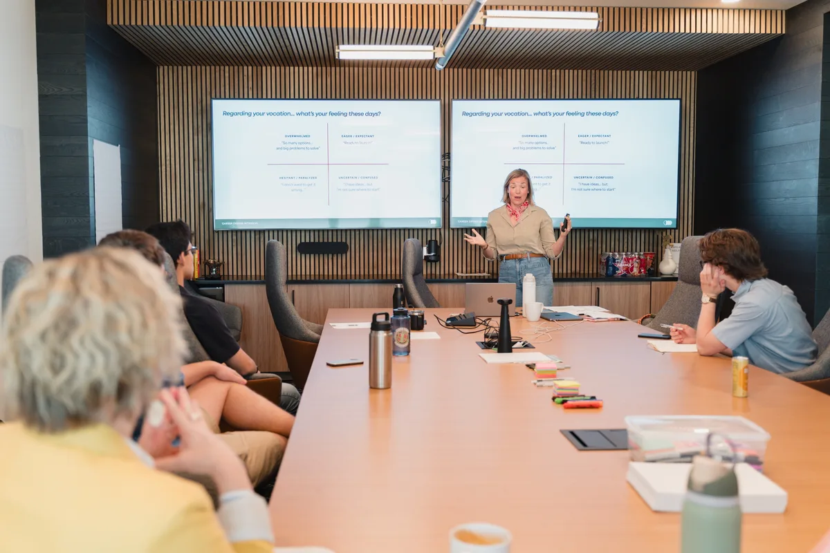 LeapYear students gathered around a conference table during a Career Design Intensive