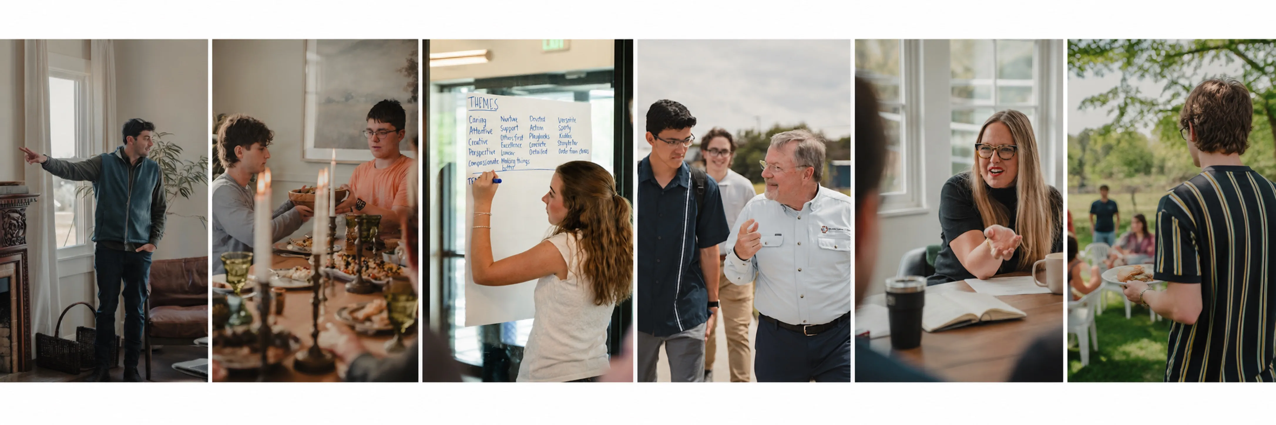 Six scenes from LeapYear’s founding year, including students hosting, learning, serving, and talking with mentors